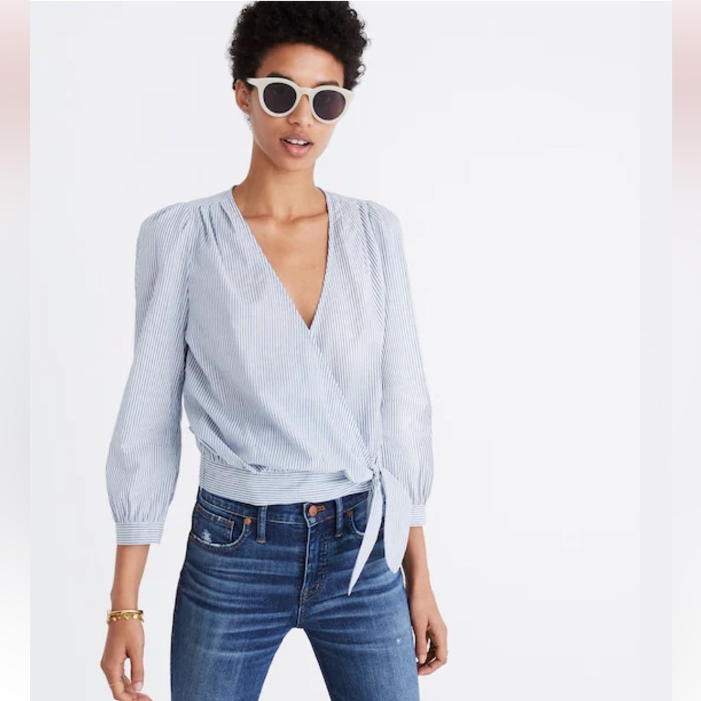 Madewell Wrap Top in Indigo Stripe size medium